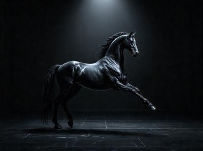 Primary subject: A black horse with a flowing mane.

Setting/background: A dark room with a black background.

Visual style: Digital art.

Colors and mood: The horse is the primary focus, and its black color adds a sense of mystery and elegance to the image. The dark room and black background create a dramatic and moody atmosphere.