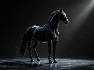 Primary subject: A black horse standing in a dark room.

Setting/background: The horse is standing on a black surface, which could be a floor or a stage.

Visual style: The image is a black and white photo.

Colors and mood: The dominant colors are black and white, creating a moody and dramatic atmosphere.