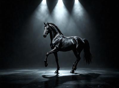 Primary subject: A black horse with a white face.

Setting/background: A dark room with a single light source.

Visual style: Digital art.

Colors and mood: The horse is black, and the overall atmosphere is dramatic and moody.