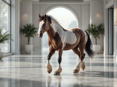 Primary subject: A brown and white horse.

Setting/background: The horse is standing in a large, open room with a marble floor. There are two potted plants in the room, one on the left side and the other on the right side.

Visual style: The image is a photo of the horse in the room.

Colors and mood: The horse has a brown and white color pattern, and the room has a clean and elegant atmosphere.