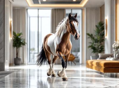 The primary subject of the image is a brown and white horse walking down a hallway. The setting is indoors, with a large window in the background. The visual style appears to be a photo, capturing the horse in motion. The colors in the image are predominantly brown and white, creating a calm and natural atmosphere.