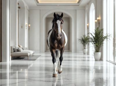 The primary subject of the image is a brown and white horse walking down a hallway. The setting is a large, white building with a marble floor. The visual style is a photo, capturing the horse in its natural environment. The colors and mood of the image are predominantly white, giving it a clean and elegant appearance.
