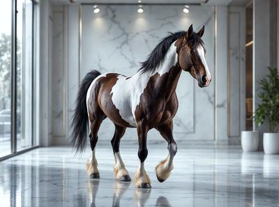 The primary subject of the image is a brown and white horse standing on a marble floor. The horse is positioned in the center of the scene, and its legs are spread apart. The setting is a room with a marble floor, which adds to the elegance and sophistication of the scene. The visual style of the image is a photo, capturing the horse in its natural environment. The colors and mood of the image are predominantly brown and white, creating a sense of calmness and elegance.