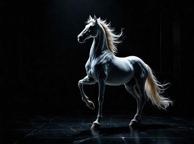 The primary subject of the image is a white horse with a flowing mane, standing in a dark room. The horse appears to be in motion, possibly running or galloping. The setting is a black background, which contrasts with the white horse, creating a striking visual effect. The visual style of the image is a combination of photo and digital art, as it captures the horse's movement and the dark room's atmosphere. The colors and mood of the image are predominantly dark, with the white horse being