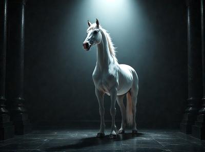 The primary subject of the image is a white horse standing in a dark room. The horse is the main focus of the image, and it appears to be the only object in the scene. The setting is a dark room, which contrasts with the white horse, creating a dramatic and moody atmosphere. The visual style of the image is a photo, capturing the horse in its natural environment. The colors in the image are predominantly dark, with the white horse being the only light source, creating a striking contrast.