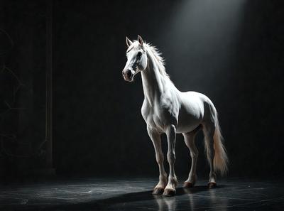 The primary subject of the image is a white horse standing in a darkened room. The horse is the main focus of the image, and it appears to be the only object in the scene. The setting is a dark room, which contrasts with the white horse, creating a dramatic and striking visual effect. The visual style of the image is a photo, capturing the horse in its natural environment. The colors in the image are predominantly dark, with the white horse being the only light source, creating a moody and dramatic