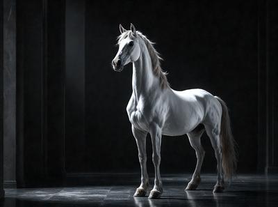 The primary subject of the image is a white horse standing in a dark room. The horse is the main focus of the image, and it appears to be the only object in the scene. The setting is a dark room, which contrasts with the white horse, creating a dramatic and moody atmosphere. The visual style of the image is a black and white photo, which adds to the overall mood and emphasizes the contrast between the horse and its surroundings.