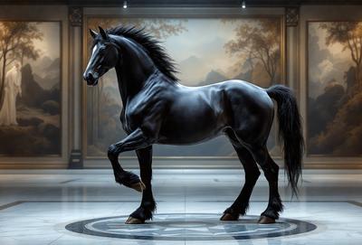 Primary subject: A black horse with a flowing mane.

Setting/background: The horse is standing in front of a painting, which serves as the backdrop for the scene.

Visual style: The image is a digital art or illustration of the horse.

Colors and mood: The horse is black, and the painting in the background adds a sense of depth and artistic expression to the scene.
