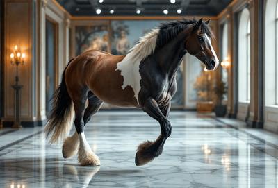 The primary subject of the image is a brown and white horse standing in a large, ornate room. The setting includes a marble floor and a painting on the wall. The visual style of the image is a combination of photo and digital art, creating a realistic yet artistic representation of the horse. The colors and mood of the image are predominantly brown and white, with a sense of elegance and grandeur.
