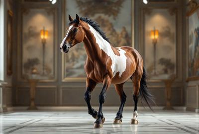 Primary subject: A brown and white horse with a black mane.

Setting/background: The horse is standing in a room with a large painting on the wall.

Visual style: The image is a photo of the horse.

Colors and mood: The horse has a brown and white coat, and the room has a neutral color palette. The overall atmosphere is calm and serene.