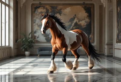 Primary subject: A brown and white horse standing in a room.

Setting/background: The horse is standing in a room with a large painting on the wall.

Visual style: The image is a digital art of a horse.

Colors and mood: The horse is brown and white, and the overall atmosphere is calm and serene.