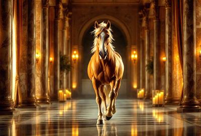 Primary subject: A brown horse walking through a hallway.

Setting/background: The horse is walking through a hallway with a marble floor, and there are lit candles on the walls. The hallway appears to be part of a large building.

Visual style: The image is a photo of the horse walking through the hallway.

Colors and mood: The dominant colors in the image are brown and white, with the marble floor and lit candles adding a sense of elegance and warmth