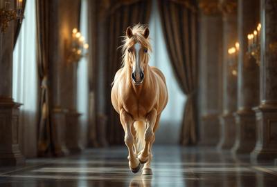Primary subject: A brown horse with a blonde mane.

Setting/background: A large, ornate room with a chandelier and curtains.

Visual style: A photo of the horse in motion.

Colors and mood: The horse is the main focus, and its brown color contrasts with the room's decor. The overall atmosphere is elegant and sophisticated.
