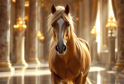 Primary subject: A brown horse with blonde hair.

Setting/background: The horse is standing in a hallway, with a marble floor and a gold-colored wall.

Visual style: The image is a digital artwork.

Colors and mood: The horse has a warm, earthy tone, and the overall atmosphere is elegant and serene.