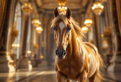 Primary subject: A brown horse with a white stripe on its face.

Setting/background: The horse is standing in a large, ornate room with a marble floor.

Visual style: The image is a digital art or illustration of the horse.

Colors and mood: The horse has a warm, earthy color, and the room has a grand, luxurious atmosphere.