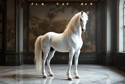 The primary subject of the image is a white horse standing in a room. The horse is positioned in the center of the room, and it appears to be the main focus of the image. The setting is a room with a backdrop of a painting, which adds an artistic touch to the scene. The visual style of the image is a combination of photo and digital art, creating a unique and visually appealing representation of the horse. The colors and mood of the image are predominantly white, giving it a clean and ser