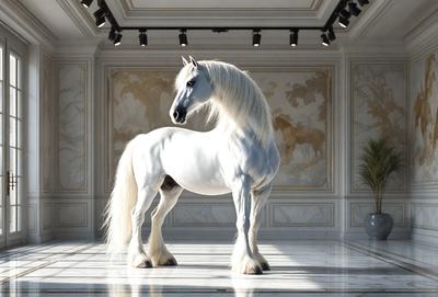 The primary subject of the image is a white horse standing in a room. The horse is positioned in the center of the room, and it appears to be the main focus of the image. The setting is a room with a white wall, and the visual style is a photo. The colors in the image are predominantly white, giving the scene a clean and minimalist appearance.