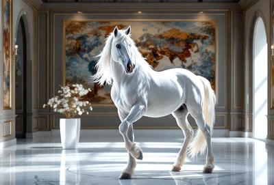 The primary subject of the image is a white horse standing in a room. The horse is positioned in the center of the scene, and it appears to be walking or trotting. The setting is a room with a large painting on the wall behind the horse. The visual style of the image is a photo, capturing the horse in its natural environment. The colors and mood of the image are predominantly white, giving it a clean and serene atmosphere.