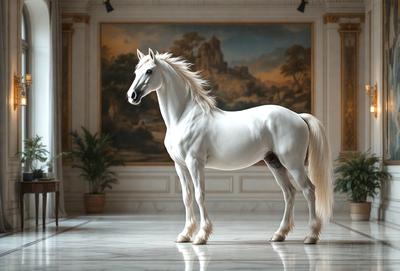 The primary subject of the image is a white horse standing in a room. The horse is positioned in the center of the room, and it appears to be the main focus of the image. The setting is a room with a white wall, and the visual style is a photo. The colors in the image are predominantly white, giving the scene a clean and minimalist appearance.