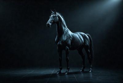 Primary subject: A black horse standing in a dark room.

Setting/background: The horse is standing on a dark grey floor, with a black background.

Visual style: The image is a digital art or illustration of a horse.

Colors and mood: The dominant colors are black and grey, creating a moody and dramatic atmosphere.
