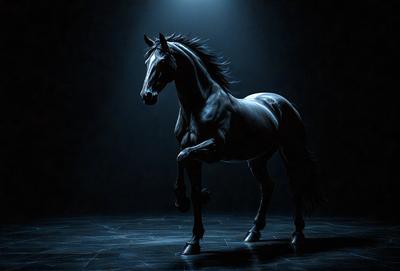 Primary subject: A horse
Setting/background: A dark room with a horse standing in the middle
Visual style: Digital art
Colors and mood: The horse is black and white, creating a contrasting and dramatic atmosphere.