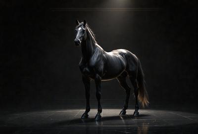 Primary subject: A horse standing in a dark room.

Setting/background: The horse is standing on a dark surface, possibly a stage or a room with limited lighting.

Visual style: The image is a black and white photo.

Colors and mood: The image has a moody and dramatic atmosphere, with the horse being the main focus in the dark setting.
