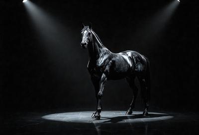 Primary subject: A black horse standing in a dark room.

Setting/background: The horse is standing on a dark surface, possibly a stage or a dark room.

Visual style: The image is a black and white photo.

Colors and mood: The image has a moody and dramatic atmosphere, with the black horse being the main focus.