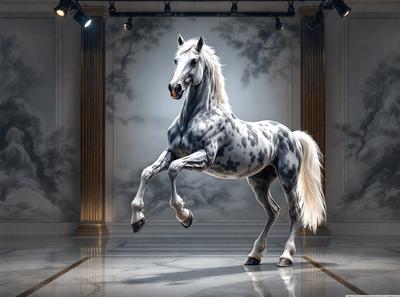 Primary subject: A white and gray horse with a black mane.

Setting/background: The horse is standing in a large, empty room with a marble floor.

Visual style: The image is a digital art or illustration of the horse.

Colors and mood: The horse has a white and gray coat, and the overall atmosphere is calm and serene.