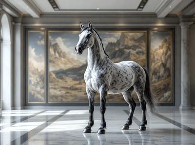 The primary subject of the image is a large, beautifully painted horse. The horse is standing in a room with a marble floor, and it appears to be the main focus of the scene. The setting is a room with a painting in the background, which adds to the overall atmosphere of the image. The visual style of the image is a combination of photo and digital art, creating a unique and captivating representation of the horse. The colors and mood of the image are predominantly dark, with the horse being the main source