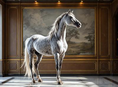 Primary subject: A horse standing in a room.

Setting/background: The horse is standing in front of a painting, which is hanging on the wall. The room appears to be a formal setting, possibly a museum or a gallery.

Visual style: The image is a photo of the horse in the room.

Colors and mood: The room has a warm and elegant atmosphere, with the painting adding a touch of sophistication to the setting.
