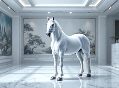 The primary subject of the image is a white horse standing in a large, white room. The room appears to be a museum or a gallery, as there is a painting on the wall behind the horse. The setting is a clean and pristine environment, with the horse being the main focus of the scene. The visual style of the image is a combination of photo and digital art, creating a realistic yet artistic representation of the horse. The colors and mood of the image are predominantly white, giving it a calm and ser