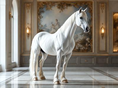 The primary subject of the image is a white horse standing in a room with a gold-colored wall. The horse is positioned in the center of the room, and it appears to be the main focus of the image. The setting is indoors, with the horse standing on a marble floor. The visual style of the image is a photo, capturing the horse in its natural environment. The colors in the image are predominantly white and gold, creating a sense of elegance and sophistication.