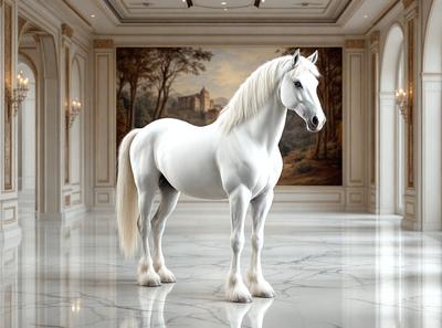 The primary subject of the image is a white horse standing in a large, ornate room. The setting includes a marble floor and a painting of a castle in the background. The visual style appears to be a combination of photo and digital art, creating a realistic yet artistic representation of the horse. The colors and mood of the image are predominantly white, giving it a clean and elegant appearance.