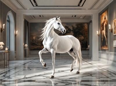 The primary subject of the image is a white horse standing in a large, white room. The setting appears to be a museum or a similar indoor space, as there are paintings on the walls. The visual style of the image is a combination of photo and digital art, creating a realistic yet artistic representation of the horse. The colors in the image are predominantly white, giving the scene a clean and elegant atmosphere.