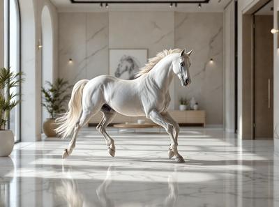 Primary subject: A white horse with a flowing mane.

Setting/background: A large, empty room with a marble floor.

Visual style: Digital art.

Colors and mood: The horse is white, and the room has a clean and elegant atmosphere.