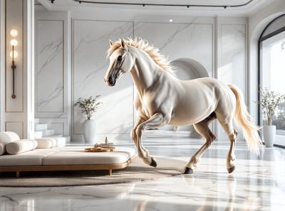 The primary subject of the image is a white horse with a flowing mane, standing in a room with a white couch. The setting appears to be a living room, and the visual style is a digital art or illustration. The horse is the main focus of the image, and its presence creates a sense of elegance and grace. The colors in the image are predominantly white, which adds to the overall atmosphere of the scene.
