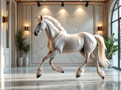 Primary subject: A white horse running in a hallway.

Setting/background: The horse is running in a hallway with a marble floor.

Visual style: The image is a digital art or illustration of the horse running.

Colors and mood: The image has a white horse, which gives it a clean and elegant appearance. The marble floor adds a sense of luxury and sophistication to the scene.