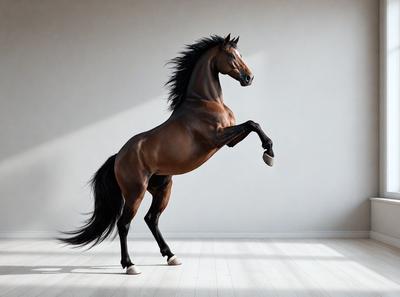 Primary subject: A brown horse with a black mane and tail, standing on a white floor.

Setting/background: The horse is standing in a white room, which appears to be a studio or a staged environment.

Visual style: The image is a digital art or illustration, featuring a detailed and realistic representation of the horse.

Colors and mood: The dominant colors in the image are white and brown, creating a clean and natural atmosphere. The horse's black mane and tail add contrast