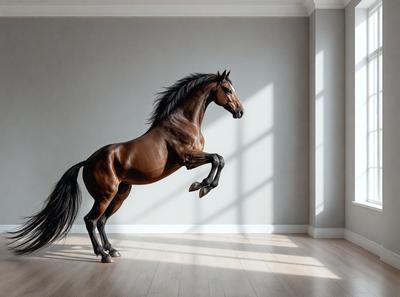 Primary subject: A brown horse with a black mane and tail, jumping in the air.

Setting/background: A white wall behind the horse.

Visual style: The image is a photo of the horse in action.

Colors and mood: The horse is brown, and the overall atmosphere is energetic and dynamic.