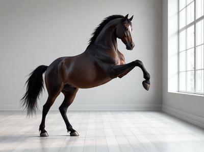Primary subject: A brown horse with a black mane and tail, standing on a white floor.

Setting/background: The horse is standing in front of a window, which is the main background of the image.

Visual style: The image is a digital art or illustration of the horse.

Colors and mood: The horse is brown, and the white floor creates a contrasting and clean appearance. The overall atmosphere of the image is calm and serene.