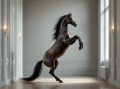 Primary subject: A horse with a long mane and tail, standing in a room with a white wall.

Setting/background: The horse is standing in a room with a white wall, and there is a window in the background.

Visual style: The image is a digital art or illustration of a horse.

Colors and mood: The horse is brown, and the overall atmosphere is calm and serene.