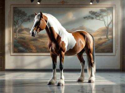 The primary subject of the image is a brown and white horse standing in a room. The horse is positioned in the center of the scene, and it appears to be the main focus of the image. The setting is a room with a backdrop of a painting, which adds an artistic touch to the scene. The visual style of the image is a combination of photo and digital art, creating a unique and visually appealing representation of the horse. The colors and mood of the image are warm and inviting, with the brown and