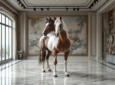 The primary subject of the image is a pair of horses standing next to each other in a room. The setting appears to be a large, ornate room with a marble floor. The visual style of the image is a photo, capturing the horses in their natural environment. The colors and mood of the image are predominantly brown and white, giving the scene a warm and elegant atmosphere.