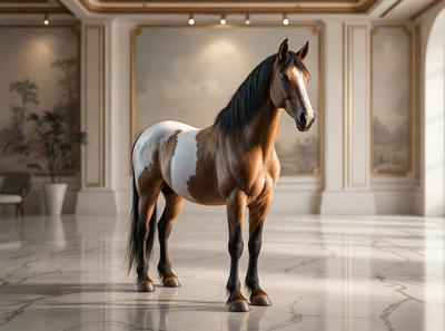 Primary subject: A brown and white horse standing in a room.

Setting/background: The horse is standing in a room with a white wall and a marble floor.

Visual style: The image is a digital art or illustration of a horse.

Colors and mood: The horse has brown and white fur, and the room has a white and marble color scheme, creating a clean and elegant atmosphere.