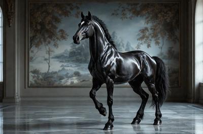 The primary subject of the image is a black horse standing in a room with a white wall. The horse is positioned in the center of the room, and its presence creates a striking contrast against the white wall. The setting appears to be a formal or elegant environment, as the horse is standing in front of a painting or a wall decoration. The visual style of the image is a combination of photo and digital art, creating a unique and artistic representation of the horse. The colors and mood of the image are predominantly black and