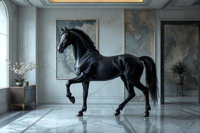 The primary subject of the image is a black horse standing in a room. The horse is positioned in the center of the room, and it appears to be walking or running. The setting is a room with a marble floor, and there are two paintings on the wall behind the horse. The visual style of the image is a combination of photo and digital art, creating a realistic yet artistic representation of the horse. The colors and mood of the image are dark and dramatic, with the black horse being the focal point