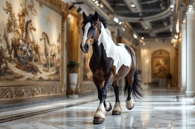 The primary subject of the image is a brown and white horse standing in a large, ornate room. The setting includes a marble floor and a painting on the wall. The visual style appears to be a photo, capturing the horse in its natural environment. The colors in the image are predominantly brown and white, creating a warm and elegant atmosphere.