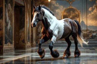 Primary subject: A white and brown horse with black hooves.

Setting/background: The horse is standing in a room with a large painting in the background.

Visual style: The image is a digital artwork.

Colors and mood: The horse has a white and brown color pattern, and the overall atmosphere is elegant and majestic.