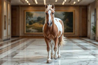 Primary subject: A brown and white horse standing in a hallway.

Setting/background: The horse is standing in a hallway, which is likely part of a building.

Visual style: The image is a photo of the horse in the hallway.

Colors and mood: The horse has a brown and white color pattern, and the overall atmosphere of the image is calm and serene.