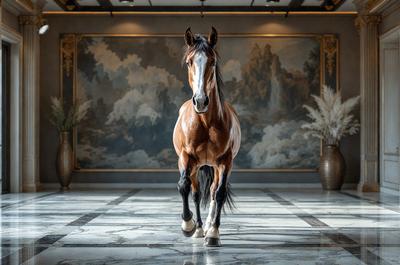 The primary subject of the image is a brown horse standing in a hallway. The horse is positioned in the center of the scene, and it appears to be walking or trotting. The setting is a hallway with a large painting on the wall behind the horse. The visual style of the image is a photo, capturing the horse in its natural environment. The colors in the image are predominantly brown and white, giving the scene a warm and natural atmosphere.